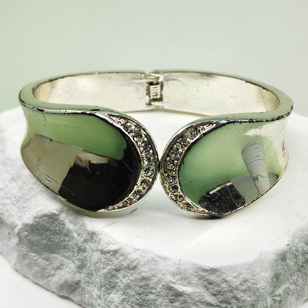 Silver Tone Mirrored Rhinestone Hinged Cuff Bracelet Glam Statement Cocktail